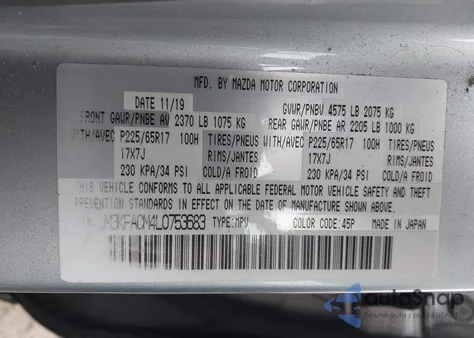 2020 Mazda Cx-5 Touring z USA, uszkodzony, nr VIN JM3KFACM4L0753683